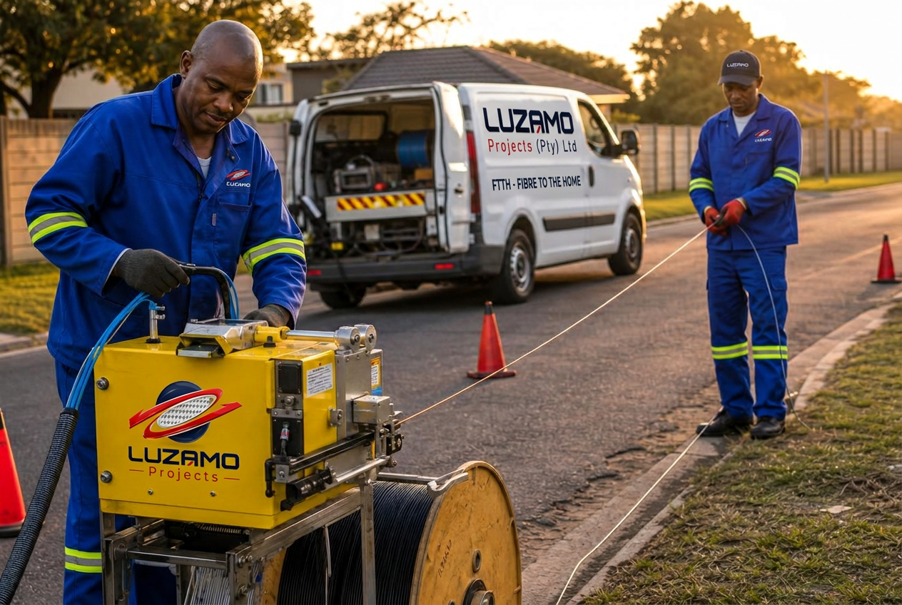 Luzamo Projects technicians blowing fibre into microducts for an FTTH rollout