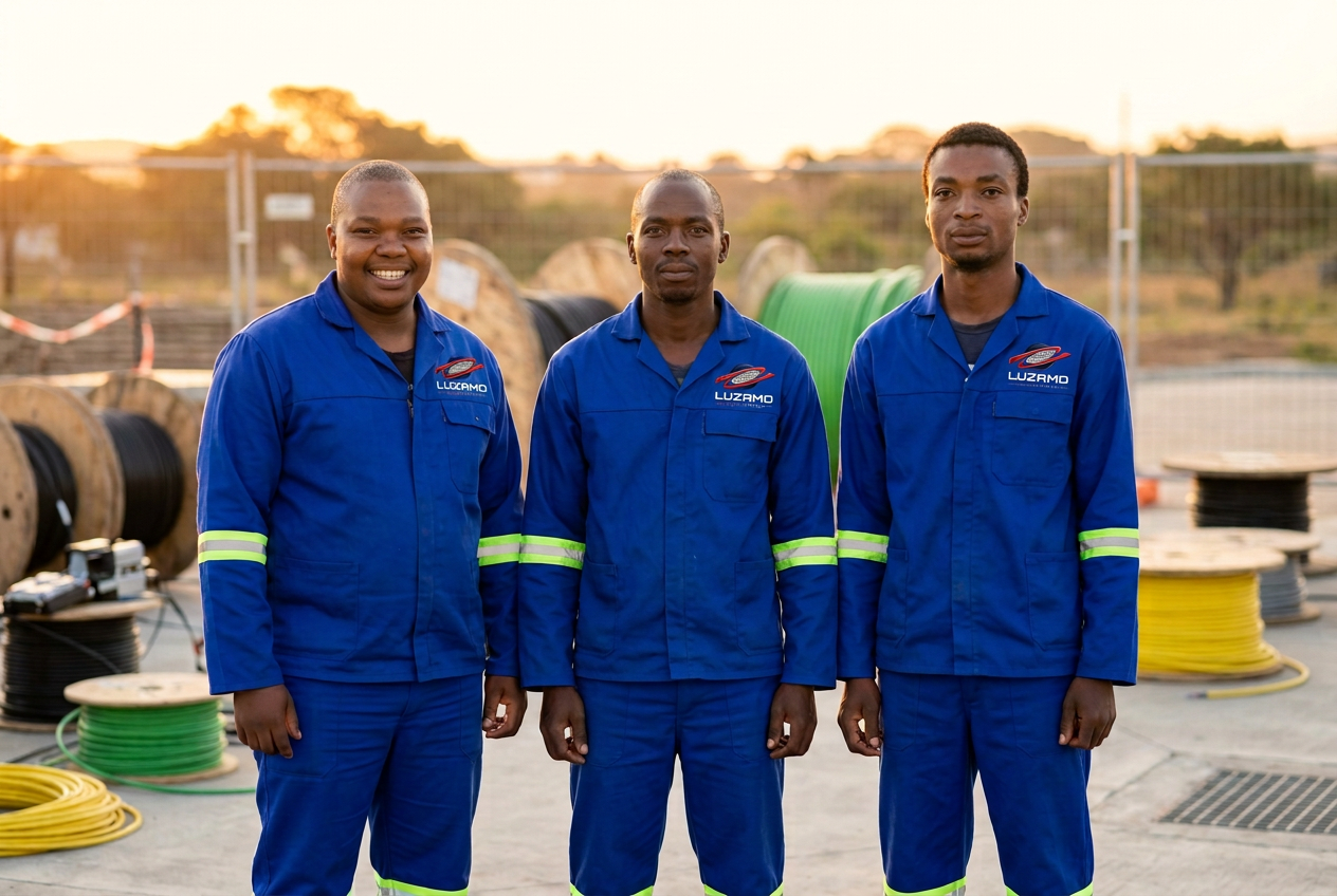 Luzamo Projects technicians in branded navy shirts at the Richards Bay base